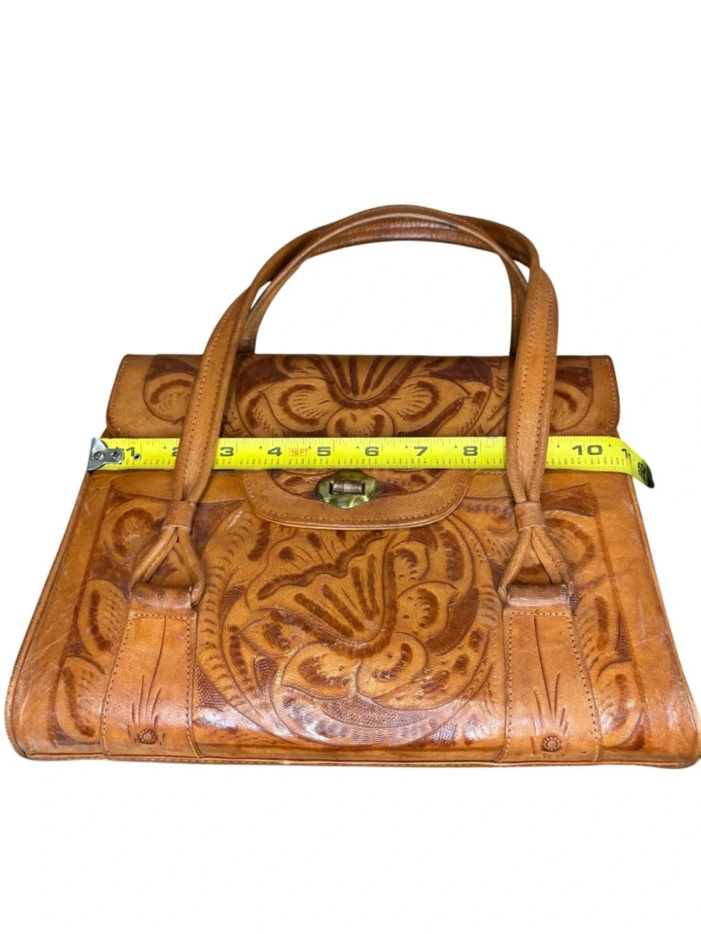VINTAGE Hand- Tooled Leather Satchel Handbag featuring an Intricate Floral Motif